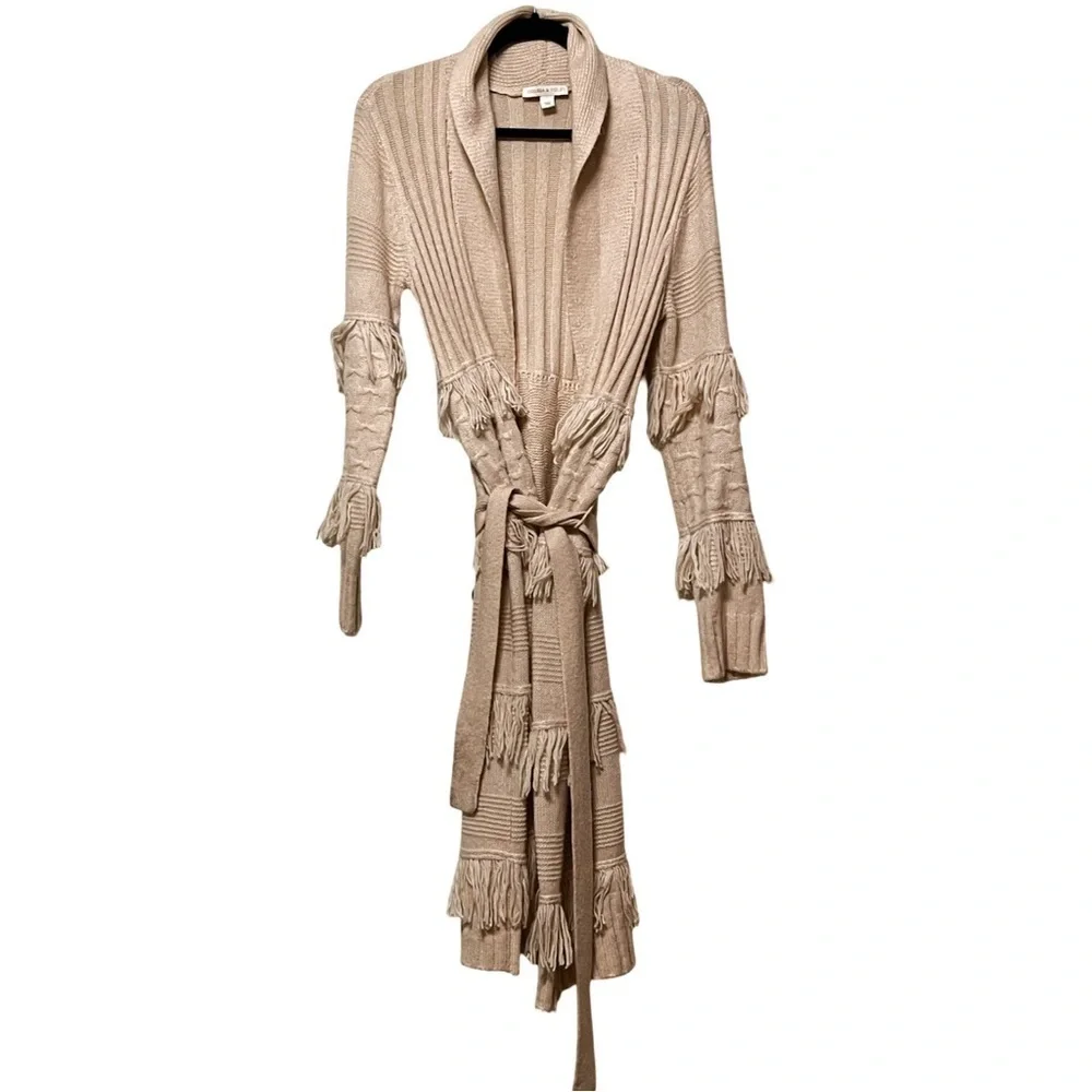 CHELSEA & VIOLET Western Fringe Boho Dusty Rose Belted Long Cardigan Sz S - Picture 2 of 6